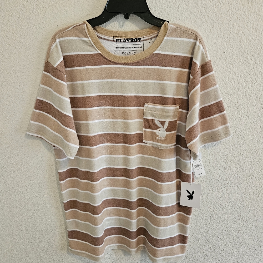 Unisex Playboy Striped Ringer Pocket Shirt Embroiderd Playboy Logo Medium